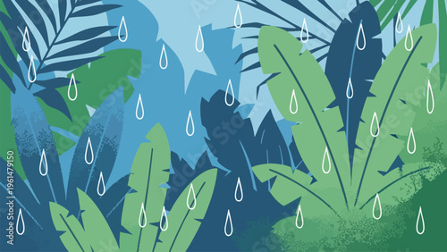 Tropical Rainforest Jungle Plants Greenery Raindrops Background Design