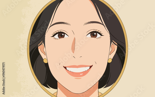 Beautiful Smiling Woman Portrait in Circular Gold Frame Anime Style Illustration