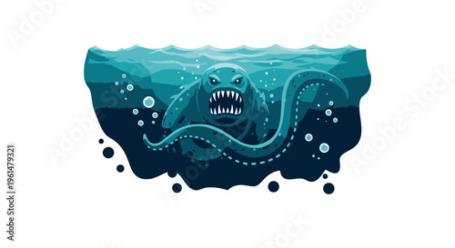 Illustration of a giant squid underwater.