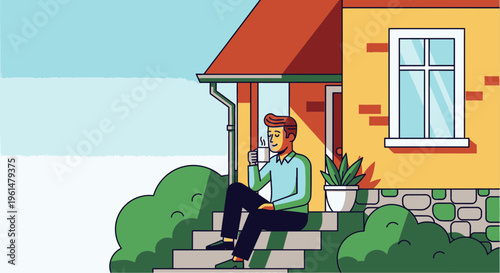 Man sitting on house steps relaxing.