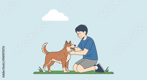 Man kneeling with brown dog.