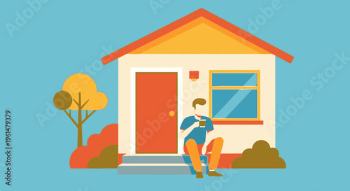 Man walking with dog near house.