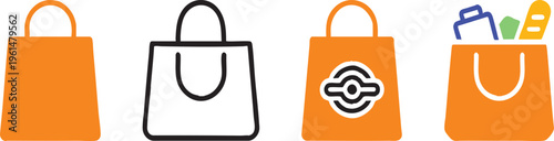 Black Shopping Bag Silhouette and Outline Icon Collection on Transparent Background