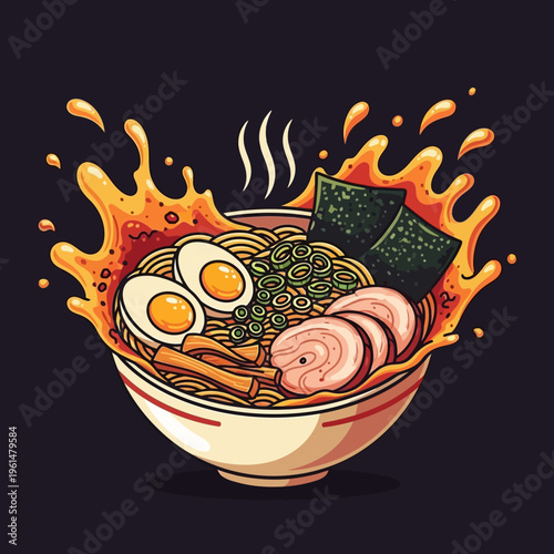A steaming bowl of ramen noodles with egg and meat slices.