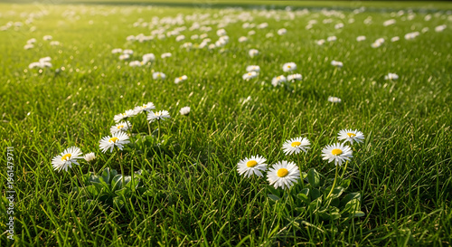 Daisy Meadow: A field of vibrant green grass adorned with delicate daisies basking in the soft glow of sunlight.