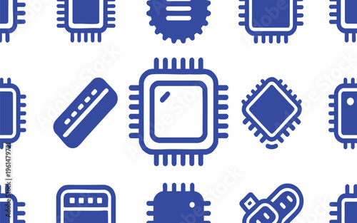 Black Silhouette Microchip and Processor Linear Icon Collection on Transparent Background