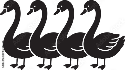 Black Swan Silhouettes Hand-Drawn Doodle Line Art Illustration Transparent Background