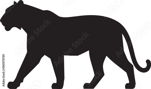 Black Tiger Silhouette Vector Art, Walking Wild Cat Icon Isolated on White Background
