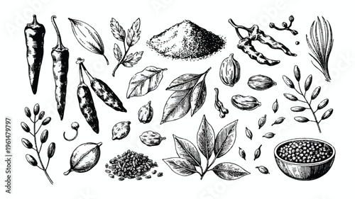 Collection of hand-drawn spices and herbs: chili peppers, leaves, berries, seeds, and spices in a bowl, chili pepper