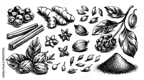Vintage ink drawing of spices and herbs: cinnamon, star anise, turmeric, cardamom, berries, and ground spices, botanical illustration