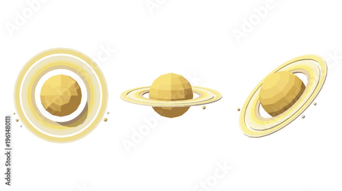 Collection of stylized celestial bodies featuring a planet with rings in three distinct orientations and perspectives