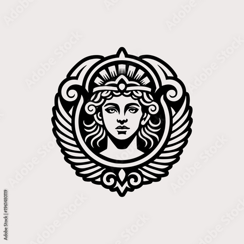 Black and white winged Greek goddess circular emblem