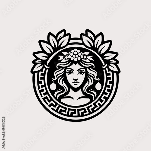 Black and white Greek goddess circular emblem with laurel wreath