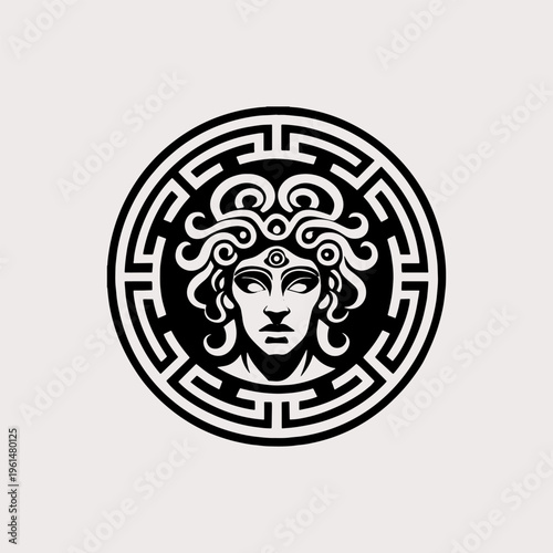 Konstfotografi Black and white Medusa head circular Greek key tattoo design