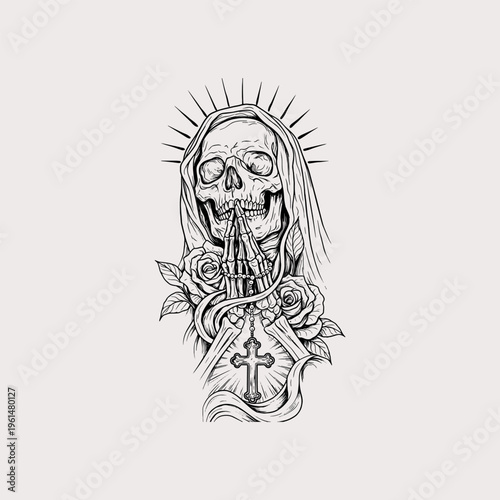 Black and white praying skull with rosary and roses tattoo art