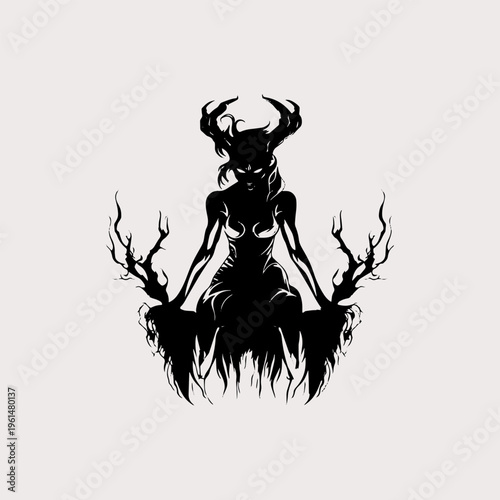 Black and white horned forest spirit silhouette tattoo art