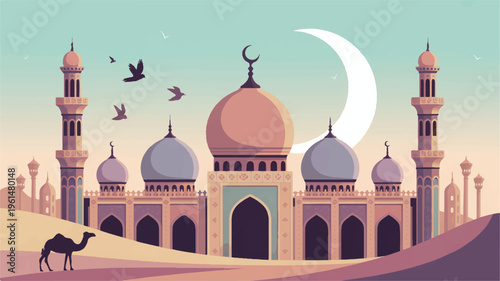 Desert landscape with a mosque, camels, and crescent moon in a stylized illustration, middle east