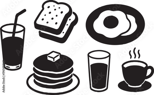 Breakfast Food and Drinks Silhouette Doodle Vector Icon Set on Transparent Background