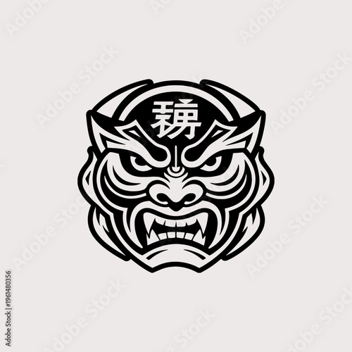 Black and white hannya mask tattoo with kanji symbol