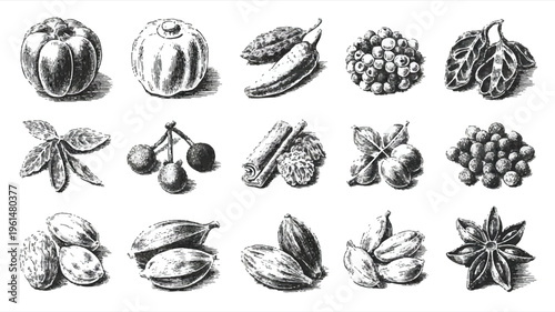 Collection of vintage illustrations of various spices and herbs in a grid layout with vintage illustration