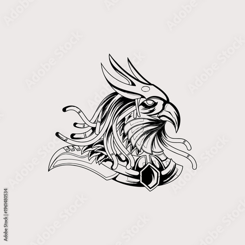 Egyptian horus god bird head with ornate armor black white vector