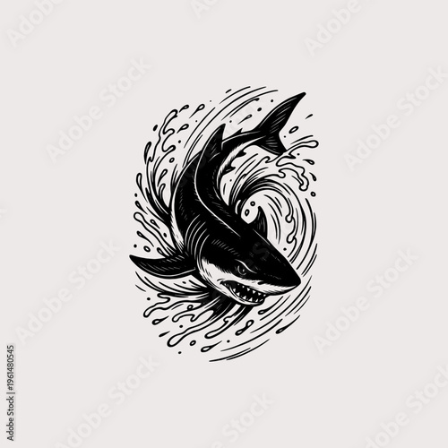 Great white shark jumping out of water waves black white vector