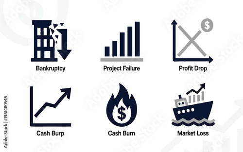 Business Failure and Economic Crisis Icon Set Isolated on Transparent Background