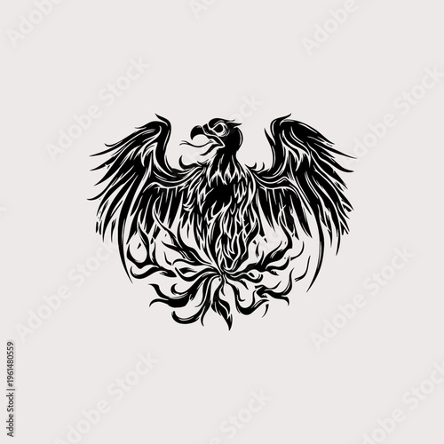 Tribal phoenix bird silhouette with spreading wings and flame details