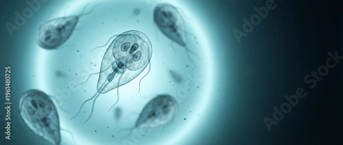Microscopic style illustration of Giardia-like protozoan parasites suspended in a blue fluid background, with one sharply focused organism surrounded by blurred cells for medical and science themes