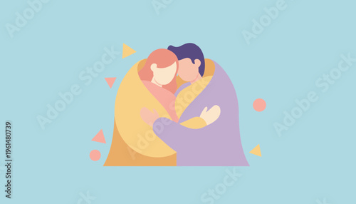 A serene illustration depicting a loving couple sharing a warm embrace, symbolizing comfort, care, and the beautiful bond of human connection and mutual support
