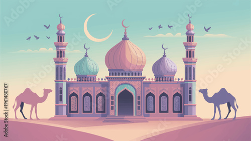 Pastel colored illustration of a desert scene with a large mosque, two camels, and a crescent moon, middle east
