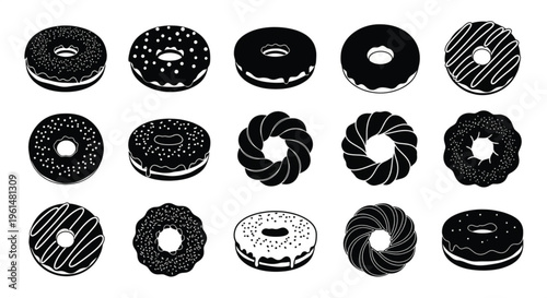 Donut Silhouette Icon Set Collection Various Glazed Sprinkle Pastry Shapes