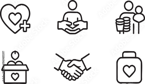 Charity and Humanitarian Care Line Icons Set Isolated on Transparent Background