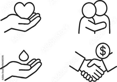 Charity and Healthcare Line Icons Set for Volunteering on Transparent Background
