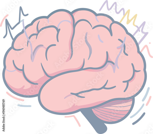 Illustration of a human brain with surrounding shaky wave lines, symbolizing tremors, motor instability, and movement disorder in Parkinson’s disease
