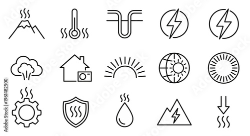 Geothermal energy and earth heat web icons in line style. Heat pumps, volcanic energy, and thermal power collection. Ultra-minimalist symbols for green energy dashboards, climate-tech apps, and sustai