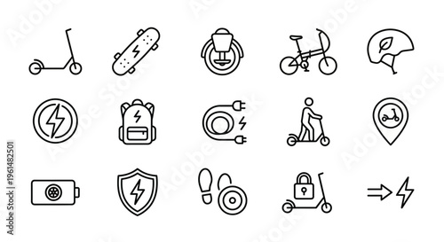 Micromobility and light electric vehicle web icons in line style. E-scooter, electric skateboard, and urban transit collection. Ultra-minimalist symbols for ride-sharing apps, smart city dashboards, a