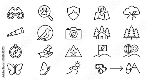 Conservation tourism and wildlife refuge web icons in line style. Protected areas, nature observation, and eco-travel collection. Ultra-minimalist symbols for national park apps, conservation websites