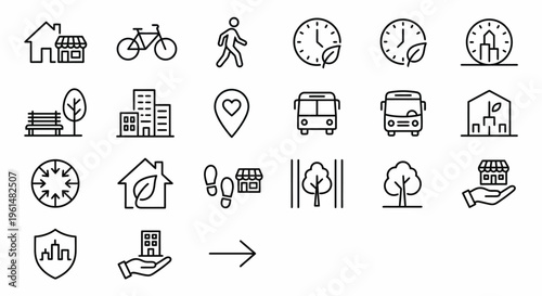Sustainable urbanism and 15-minute city web icons in line style. Walkable neighborhoods, urban proximity, and green city planning collection. Ultra-minimalist symbols for smart city apps, urban develo