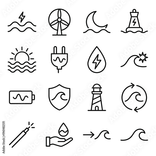 Net Zero web icons in line style. Wave energy, tidal power, and marine renewable energy collection. Ultra-minimalist symbols for green energy platforms, ocean technology dashboards, and maritime susta