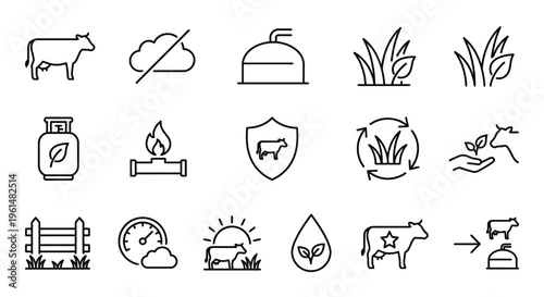 Net Zero web icons in line style. Methane management, sustainable livestock, and biogas collection. Ultra-minimalist symbols for agritech apps, carbon-neutral farming dashboards, and sustainable agric