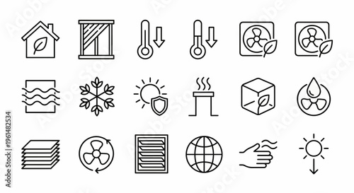 Passive cooling and climate adaptation web icons in line style. Thermal efficiency and natural ventilation collection. Ultra-minimalist symbols for green architecture, energy-saving apps, and sustaina