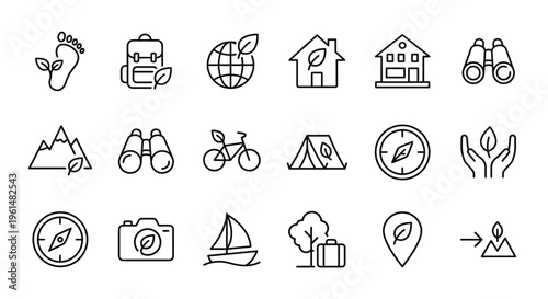 Sustainable tourism web icons in line style. Ecotourism, green travel, and responsible adventure collection. Ultra-minimalist symbols for eco-resorts, travel guide apps, and responsible tourism dashbo
