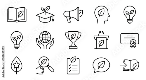 Eco education and environmental awareness web icons in line style. Green mentorship, sustainability training, and climate consciousness collection. Ultra-minimalist symbols for educational apps, green