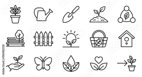 Urban gardening and sustainable living web icons in line style. Community gardens, city farming, and green urbanism collection. Ultra-minimalist symbols for green city apps, local community dashboards