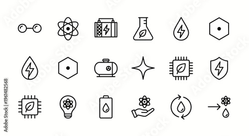 Hydrogen energy and clean technology web icons in line style. H2 fuel cells, green innovation, and carbon-free tech collection. Ultra-minimalist symbols for energy research, tech platforms, and clean-
