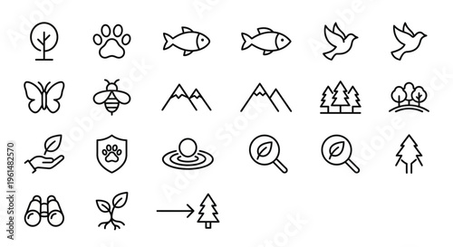 Biodiversity and wildlife conservation web icons in line style. Ecosystem protection, nature preservation, and animal welfare collection. Ultra-minimalist symbols for environmental NGOs, conservation 