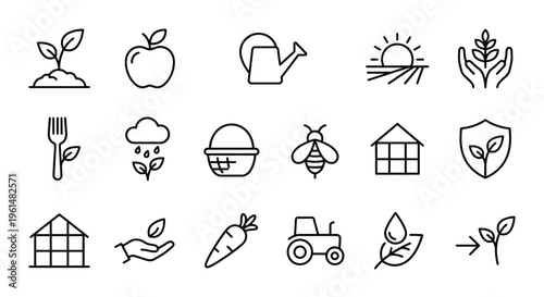 Sustainable agriculture and organic food web icons in line style. Regenerative farming, eco-friendly food systems, and agritech collection. Ultra-minimalist symbols for organic markets, farming apps, 