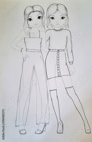Sketch of modern women's fashionable outfits 