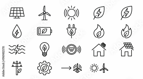 Green energy web icons in line style. Solar, wind, hydro, and renewable power collection. Ultra-minimalist symbols for energy dashboards, clean-tech apps, and ecological branding. Clean black and whit